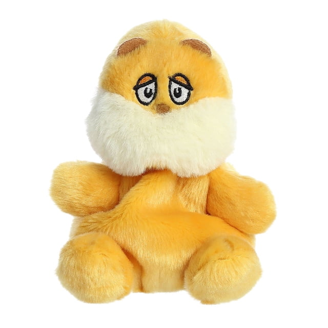 Aurora - Dr Seuss - 5" Lorax Palm Pal, a 5-inch plush toy inspired by the original Dr. Seuss illustrations. Made with high-quality materials for a soft and fluffy touch, it features a sweet, lovable facial expression and bean pellets for added stability. The plush is predominantly orange with a fluffy white beard, capturing the iconic look of the Lorax.