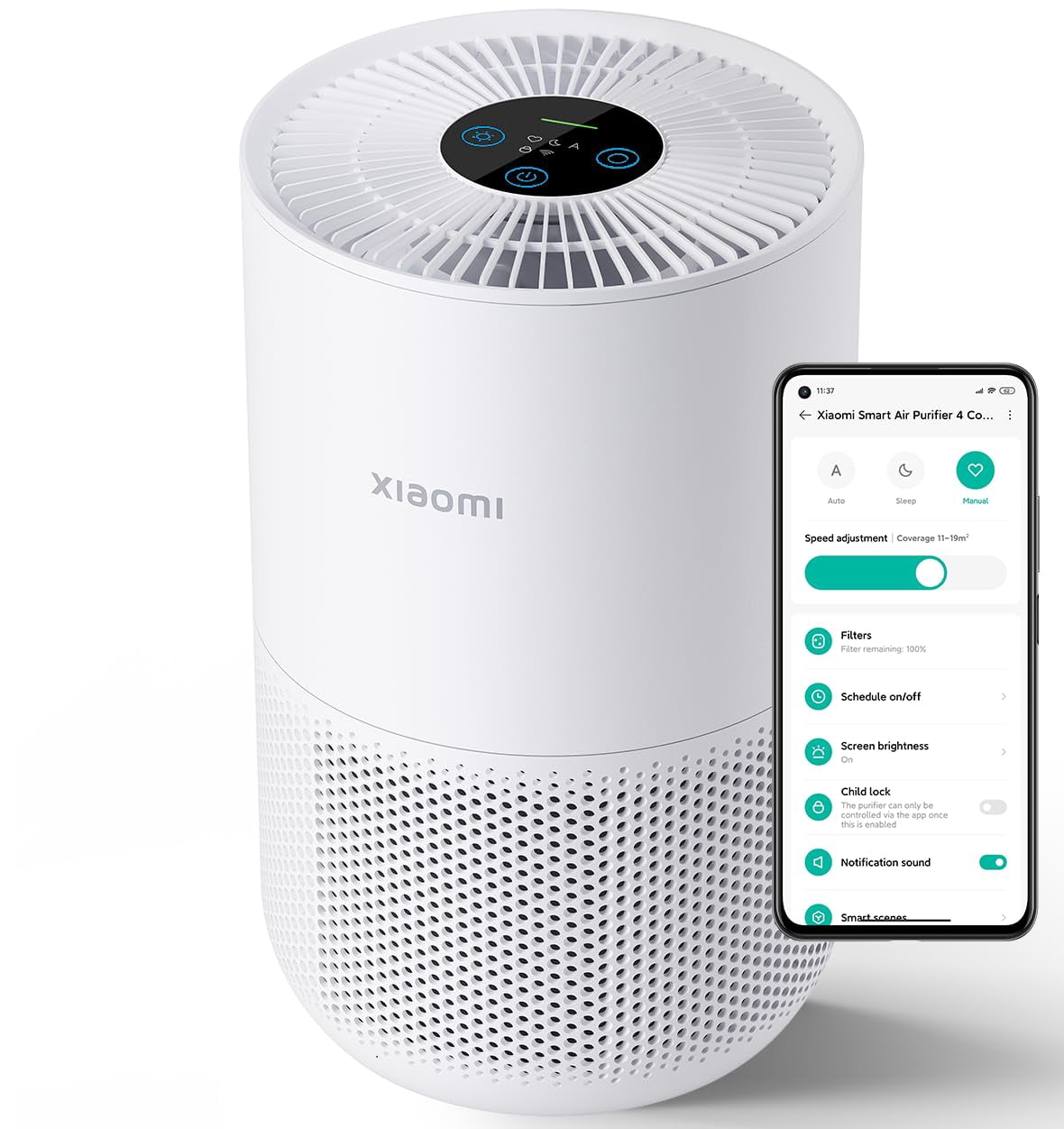 Xiaomi Smart Air Purifier 4 Compact, Small HEPA Air Cleaner for Large Room Home Bedroom Dorm, Ultra-Quiet, Air Quality Display, 99.97% Filter for Wildfire/Pet Hair/Smokers/Pollen, Google Alexa Control