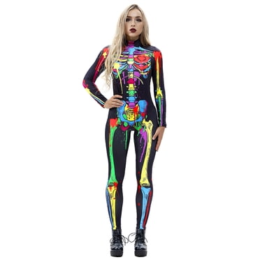Combinaison pour Femmes d'Halloween, Combinaison Fantaisie avec Costume de Squelette, Justaucorps de Cosplay