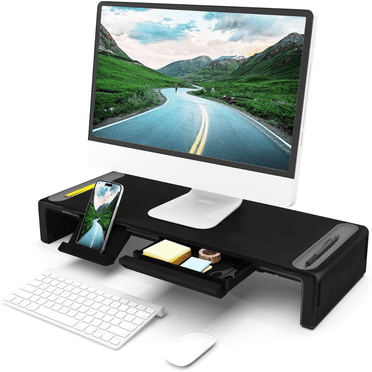 Rehausseur Pliable pour Moniteur d'Ordinateur, Support d'Ordinateur à Longueur Réglable avec Tiroir de Rangement et Fente pour Stylet, Support pour Téléphone Compatible Ordinateur, de Bureau, Portable, Gain de Place (Noir)