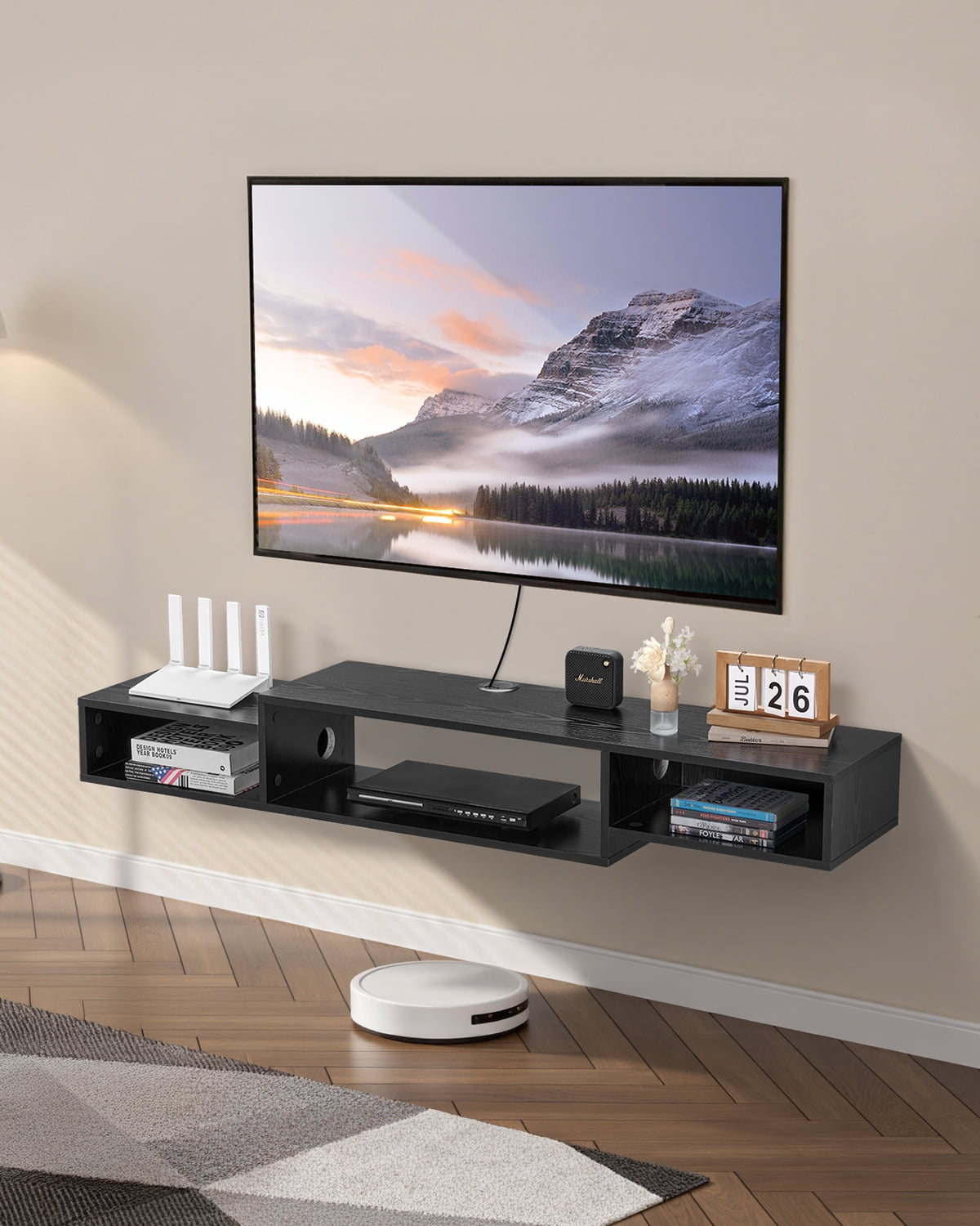 VEVOR Floating TV Stand 59" Entertainment Center Power Outlet & Cable Hole Black