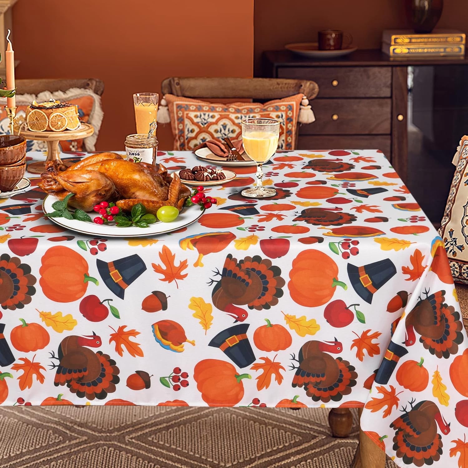 Nappe Rectangulaire d'Automne 60x120 Pouces Citrouilles et Dindes - Nappe de l\'Action de Grâce Lavable et Résistante aux Plis pour Souper/repas de Récolte d'Automne Fête Banquet Housse de Table des Fêtes