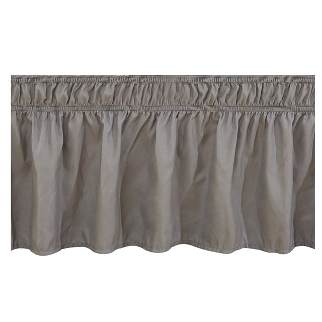 Bed Skirts for Adjustable Bed with wrap-around elastic ruffles in grey, designed to fit adjustable beds. Features a 15-inch drop to hide box springs and bed frames, while providing hidden storage space. Neatly ruffled around three sides without split corners, with an adjustable elastic belt for secure placement.