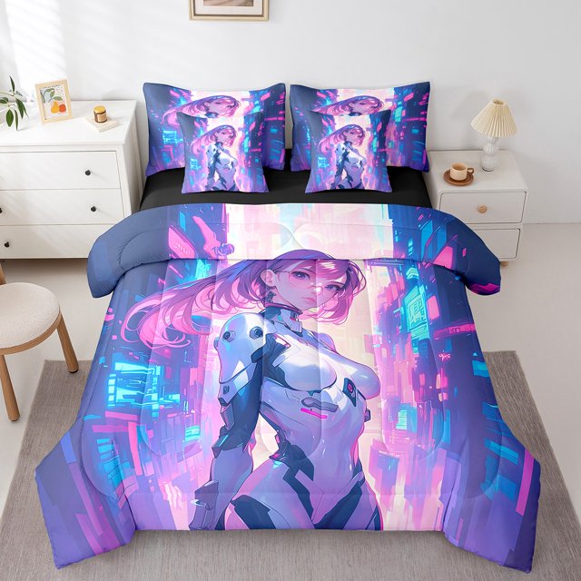 AI Girl Ensemble de Literie Rétro Cyber Futurisme Très Grand 7 Pcs Fans de Science-Fiction Robot de Réalité Virtuelle avec Drap Plat et Drap-Housse, Ensemble de Literie Anime avec Taies d'Oreiller et Housses de Coussin