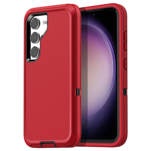 Samsung Galaxy S25 / S24 Hard Defender Case in a vibrant red color, featuring triple-layer shockproof protection with a 3-in-1 armor construction. The case includes raised edges for screen and camera protection, precise cutouts for easy access to buttons and ports, and a dust plug for the charging port. Designed for heavy-duty use with reinforced corners for drop and scratch resistance.