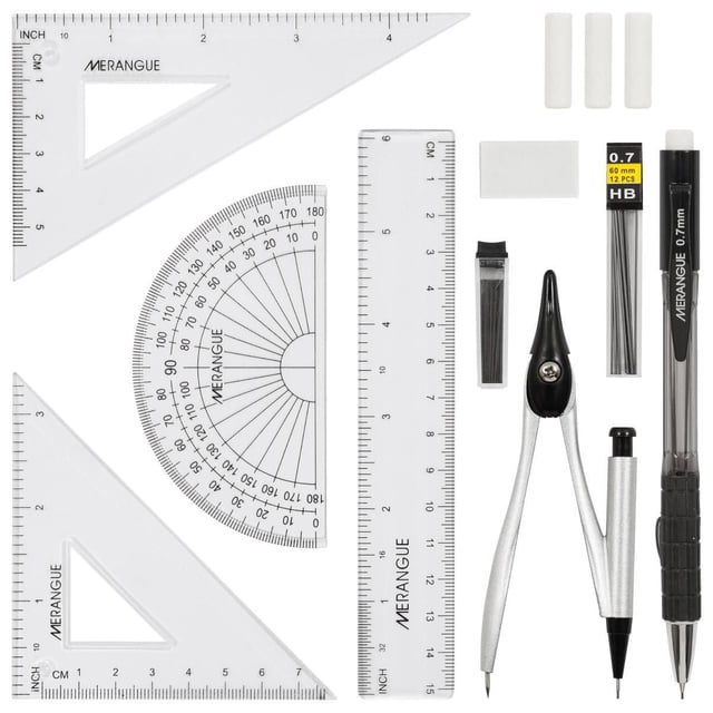 Merangue Ensemble de Mathématiques 12 Pcs, Assorti, Comprenant une Règle en Plastique Transparent de 15 cm, un Rapporteur à 180 Degrés, des Carrés à 45 et 60 Degrés, une Boussole en Métal, un Crayon Mécanique avec une Mine de 0,7 mm, des Recharges de Gomme et des Recharges de Mine, Disposé sur un Fond Blanc, Idéal pour des Tâches de Géométrie Précises et de Mesure.