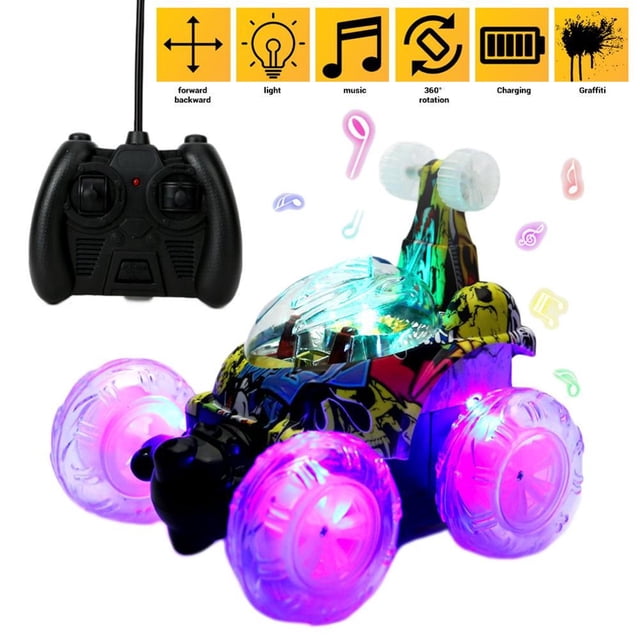 Voiture Cascade Télécommandée Voiture de Course Cascade Rotative à 360° avec Lumières LED et Musique Cadeau pour Garçons Filles