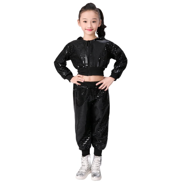 2025 Boy Little Sets Outfits Clothes Sequin Glitter Teen Outfits For s Party Carnival Gown Top s Skirt Set Pants Outfits Set. The image shows a child wearing a black sequin glitter outfit, featuring a cropped zip-up top and matching pants. This stylish set is ideal for parties, carnivals, or festive events. The child is also wearing silver high-top sneakers, standing against a plain white background. Suitable for kids' clothing needs, especially girls' outfit sets.