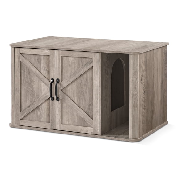 Feandrea Litter Box Enclosure, Modern Cat Litter Box Furniture Hidden, with Front Entry, Double Doors, Handles, Cat House, Side End Table, 33.5 x 19 x 19.5''  Heather Greige