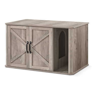 Feandrea Litter Box Enclosure, Modern Cat Litter Box Furniture Hidden, with Front Entry, Double Doors, Handles, Cat House, Side End Table, 33.5 x 19 x 19.5'' Heather Greige