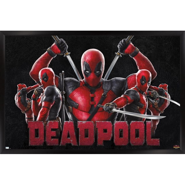 Marvel Deadpool & Wolverine - Deadpool Wall Poster, 14.725" x 22.375" framed, depicting a centered Deadpool in red and black suit holding crossed swords behind his head, with four smaller Deadpool figures in action poses wielding swords and guns on a textured black background and large distressed red 'DEADPOOL' text below, ideal for bedroom or office wall decoration.