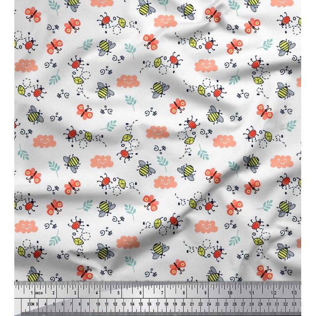 Soimoi White Moss Georgette Fabric Honey Bee & Bettle Bee Insects Decor Fabric Printed BTY 42 Inch Wide