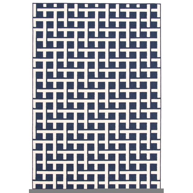 ECARPET Indoor/Outdoor for Balcony, Patio and Garden Villa Blue Rug with a flat-lay view of a durable outdoor rug featuring a modern geometric pattern of white interlocking lines on a blue background, ideal for patios, balconies, and garden spaces.