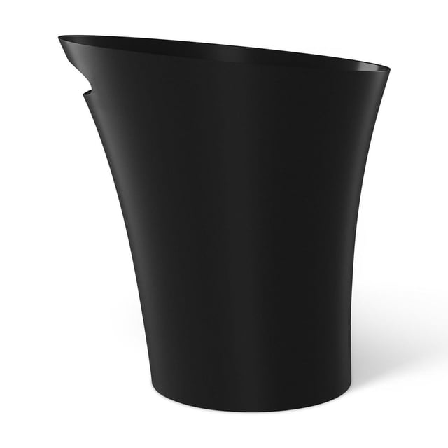 Umbra Skinny Trash Can 2-Gallon (7.5L) Capacity in matte black with a slim, tapered profile and integrated handle cutout near the top edge, made of durable polypropylene, designed to fit narrow spaces and small rooms.