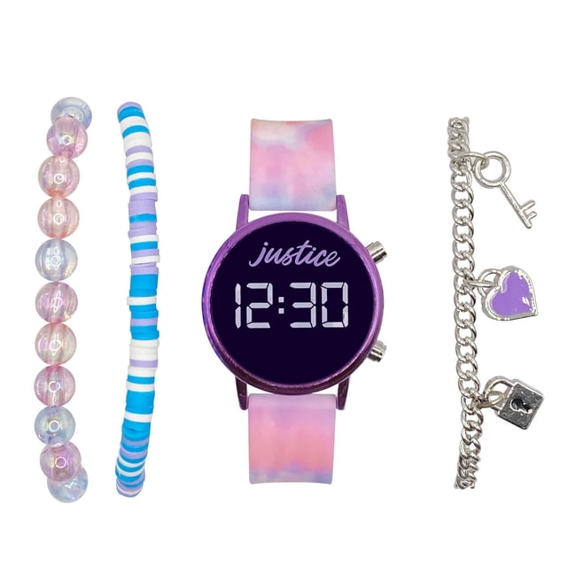Justice Ensemble de Montre à DEL avec Bracelet Comprenant une Montre Numérique Ronde avec Boîtier en Métal Violet et Bracelet en silicone Rose pastel et Bleu, Accompagnée de Trois bracelets : Perles Roses Translucides, Perles Disque Bleues et Blanches, et une Chaîne Argentée avec Breloques Cœur Violet, Clé et Cadenas, Idéal pour Accessoiriser des Tenues pour Enfants.