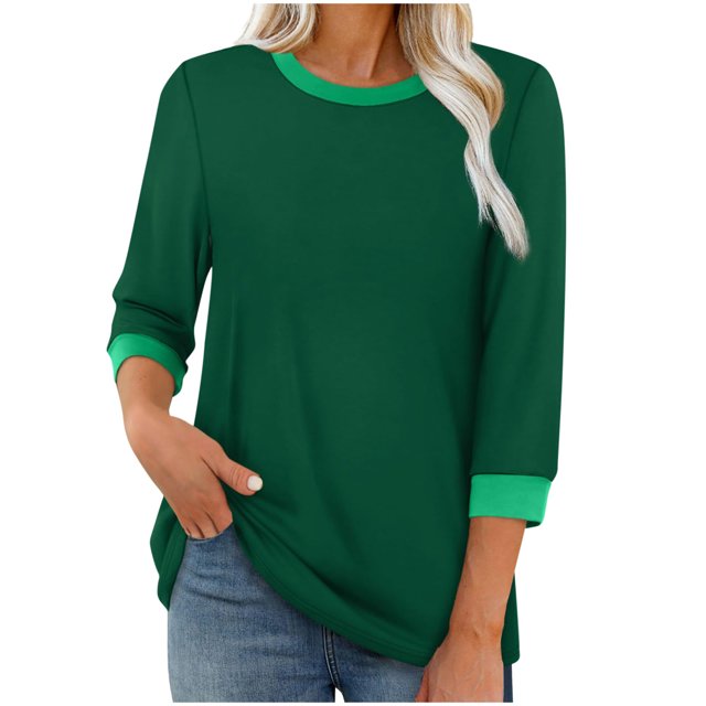 HAiming Chandails 3/4 pour Femmes, Hauts Habillés Décontractés, Blocs de Couleur, Col Ras du Cou, T-Shirts Basiques de Mode d'Automne, Vêtements