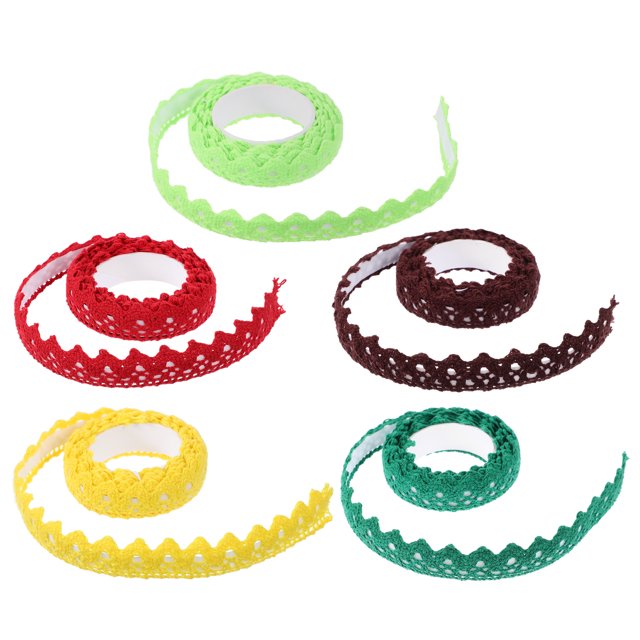 KAKOWELY 5pcs Single Color Hollow Lace Tape Masking Decorative Tape Sticky Craft Lace Trim Ribbon Adhesive Tape Lace Tape Sticker DIY Scrapbooking Crafts(1Yellow, 1Red, 1Green, 1Brown, 1Dark Green)