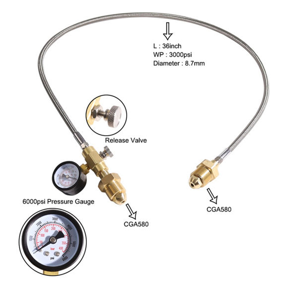 Nitrogen Helium 36-Inch Stainless Steel Braided Connecting Hose CGA580 Fitting with Pressure Gauge