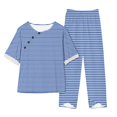 thumbnail image 1 of Timegard Ensembles 2 Pcs pour Femmes Grande Taille Hauts à Rayures à Col Ras du Cou à Manches Courtes et Pantalons à Taille Élastique Tenues Décontractées, 1 of 3