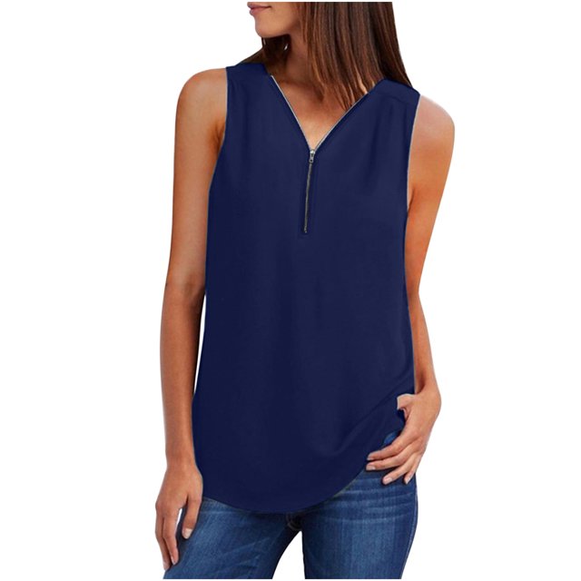 Cameland Camisoles d'Été Sans Manches pour Femmes à Fermeture Éclair, Tunique Décontractée à Col en V, Blouse à Manches Roulables