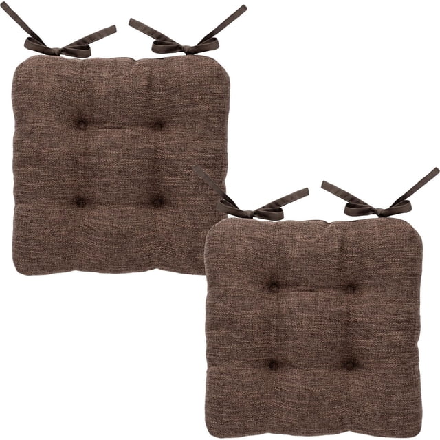 Hometrends 2-pack chairpads in brown with tufted fabric and ties, each 15 by 15 inches, designed to add comfort and style to dining chairs and suitable for benches or outdoor seating.