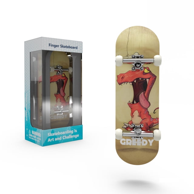 Professional Finger Skateboard, Mini Finger Skateboard with a red dinosaur graphic on a maple wood deck. Designed for fingerboard tricks, it features white wheels, alloy brackets, and a foam surface for better grip. Packaged in a branded box with tools for easy customization.
