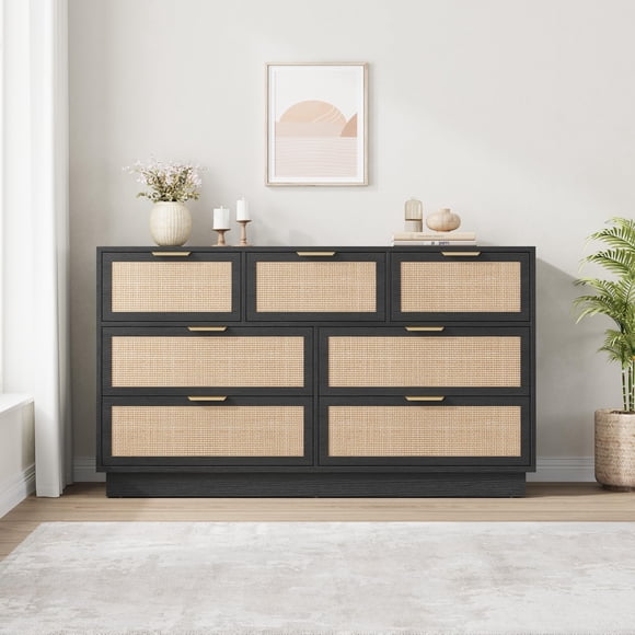 Commode en Rotin Blanc – 7 Tiroirs Moderne – Armoire de Rangement en Bois – Pattes Intégrées – Grand Organisateur – Chambre et Entrée – Assemblage Facile