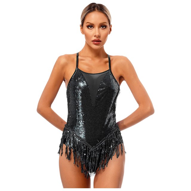 Aislor Justaucorps de Danse Latine à Franges à Sequins pour Femmes, Justaucorps, Robe de Performance Tango Salsa Noir TG