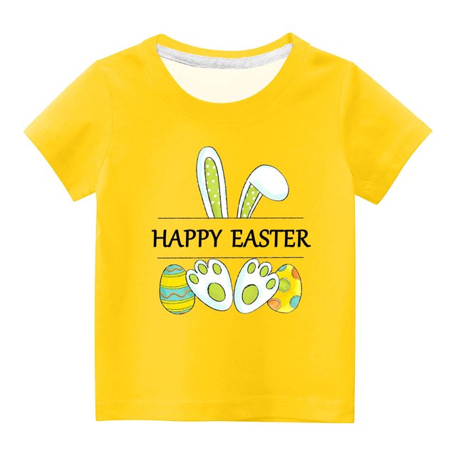 Penkiiy T-Shirts de Pâques pour Enfants Garçons Filles Mode Oreilles de Lapin de Pâques Œufs de Pâques Imprimé Col Rond Manches Courtes 4 Ans Jaune