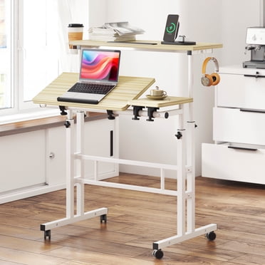 Soges Bureau Debout Mobile avec Porte-Gobelet et Crochets, Bureau Debout Portable, Petit Bureau Debout à Hauteur Réglable, Bureau Roulant avec Roulettes, Chariot pour Ordinateur Portable de Bureau à Domicile, Érable