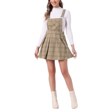 Allegra K Robe Chasuble Salopette pour Femme à Carreaux, Bretelles Ajustables, Jupe à Bretelles, m Kaki