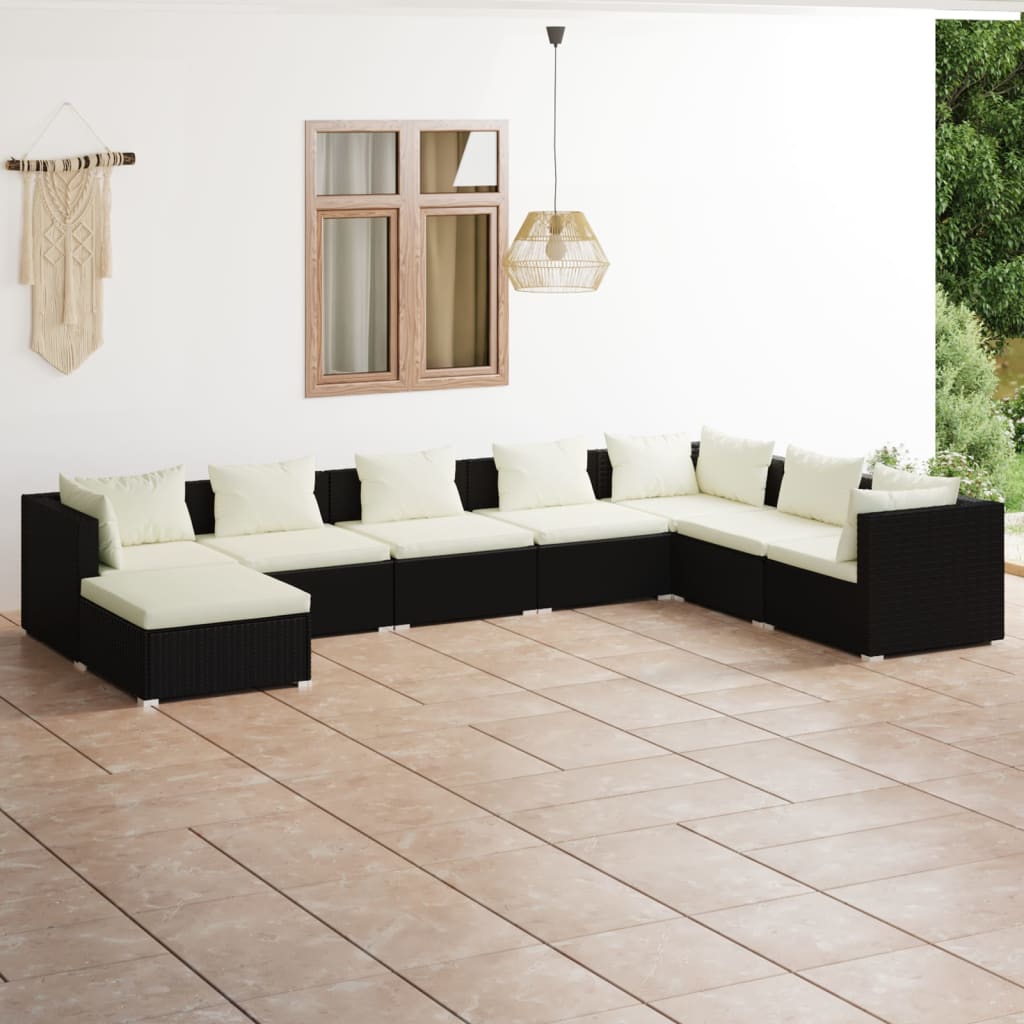 vidaXL 8 Piece Garden Lounge Set with Cushions Poly Rattan Black