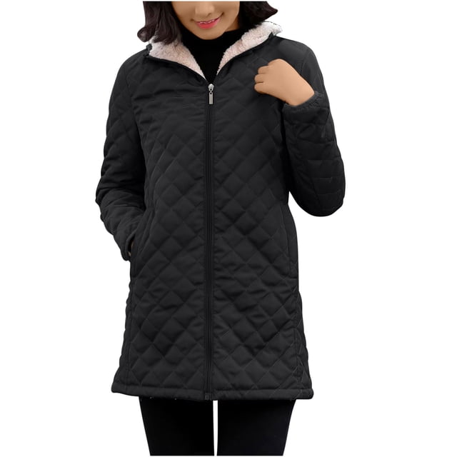 FAIWAD Women's Winter Coats Hooded Fleece Padded Zip Jackets Long Warm Slim Solid Color Overcoat in black. The coat features a quilted pattern, a full-length zipper closure, and a fleece-lined hood for added comfort and warmth. Designed with a slim fit and mid-thigh length, it is ideal for winter outings. The model pairs it with black leggings, highlighting its suitability for casual and everyday wear.
