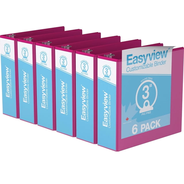 Davis Group Easyview Premium Round Ring Customizable View Binder 6 Pack 3 inch with six magenta binders featuring clear overlays on front cover, spine, and back, PVC-free polypropylene material, round 3-inch rings that lie flat, made in Canada, suitable for organizing presentations, manuals, and reports.