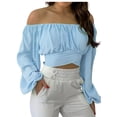 thumbnail image 3 of Woman's Strapless Long Sleevesolid Color Off Shoulder Ruched Lantern Sleeve Crop Tops,Summer Plus Size Loose Fitting Tops For Women Sale, 3 of 6