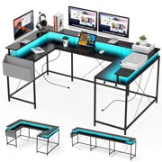 MIUUKA U-Shaped Computer Desk with Power Outlets & RGB LED Lights,79" Reversible Corner Office Desk,Monitor Stand,Storage Shelf,Two Person Workspace,Black