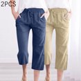 thumbnail image 4 of Timegard 2pc Capri Pants for Women Cotton Linen Elastic Waist Loose Lounge Crop Pants Pockets Solid Color, 4 of 7