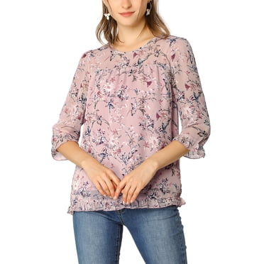 INSPIRE CHIC Women's 3/4 Sleeve Shirts Floral Chiffon Blouses Pink-Blue Floral L