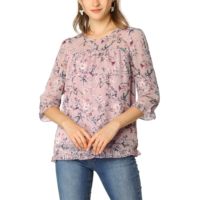 INSPIRE CHIC Chemises pour Femmes à Manches 3/4 Blouses en Mousseline Florale Rose-Bleu Floral TP