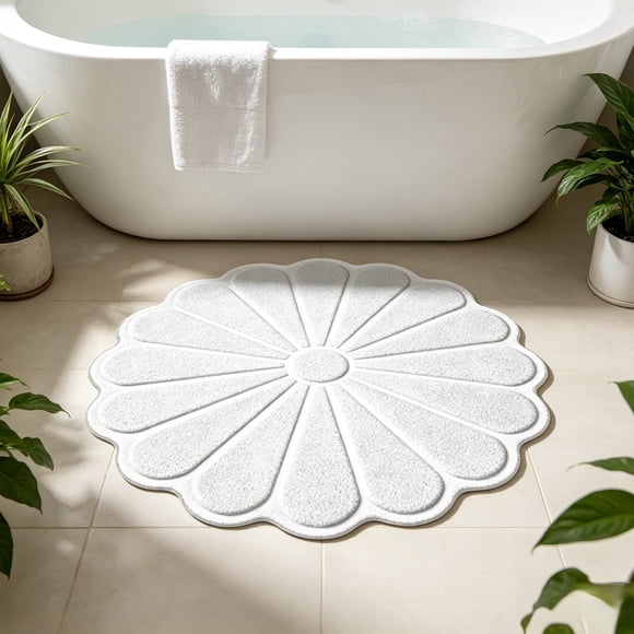 Flower Shape Bathroom Floor Mat, Staron Soft Absorbent Antiskid Bath Rug 23.62x23.62 Inch, Decorative Waterproof Comfortable Mat for Bathroom Door Home Floor Protection, White