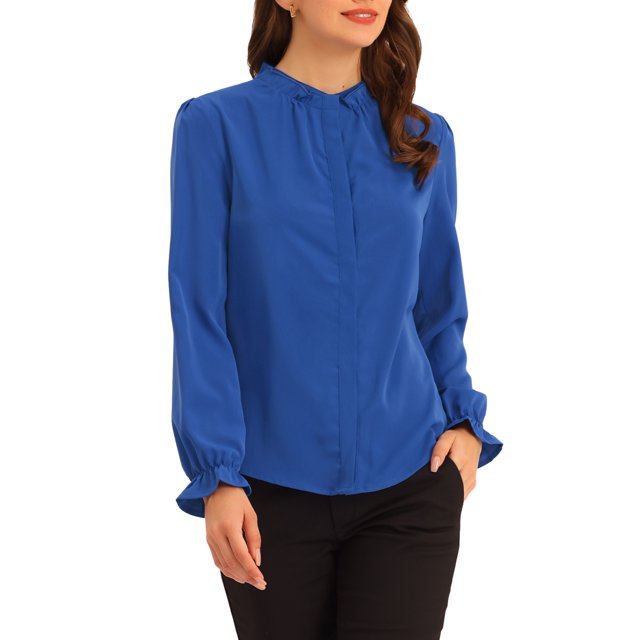 INSPIRE CHIC Blouse Haut à Col Montant à Volants Boutonné à Manches Longues pour Femme TP Bleu Royal