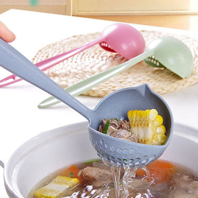Oleegame 1PC Kitchen Utensils Set Wheat Straw Two In One Household Kitchen Soup Spoon Long Handled Colander Filter Mesh Cutlery Hotpot Spoon Restaurant Fishing Spoon Blue