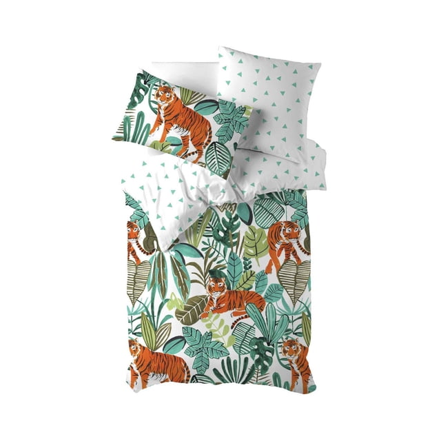 Johnson Home Duvet Cover Bedding Set with a white background featuring orange tigers and green tropical leaves on the duvet cover and one pillow sham, plus a second pillow sham and reverse side with small green triangle prints, made from ultra-fine combed cotton percale for softness, durability, and allergen protection.