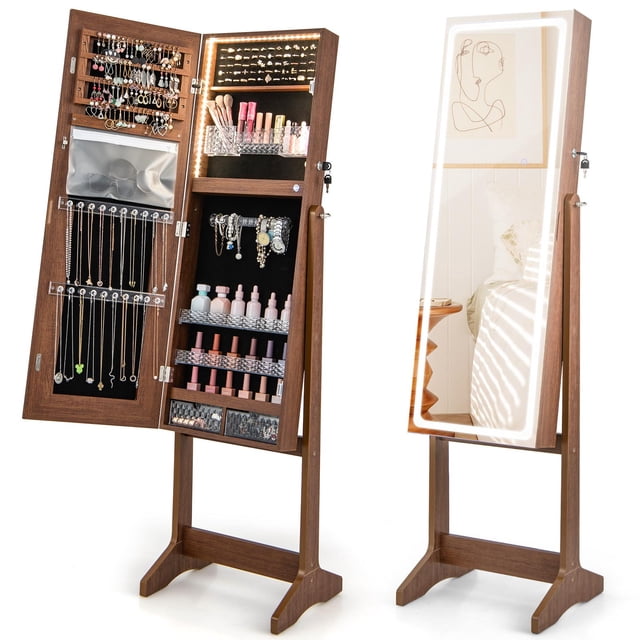 Giantex Full Length Dressing Mirror Jewelry Cabinet, Large Capacity Freestanding Lockable Jewelry Armoire, Walnut