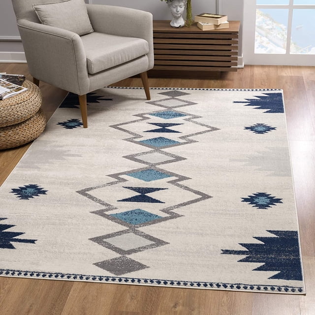 homeroots home decor 392946 2’ x 4’ Navy and Ivory Tribal Pattern Area Rug