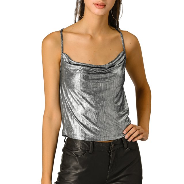 INSPIRE CHIC Camisole à Bretelles Spaghetti Métallisée Scintillante à Col Bénitier pour Femme