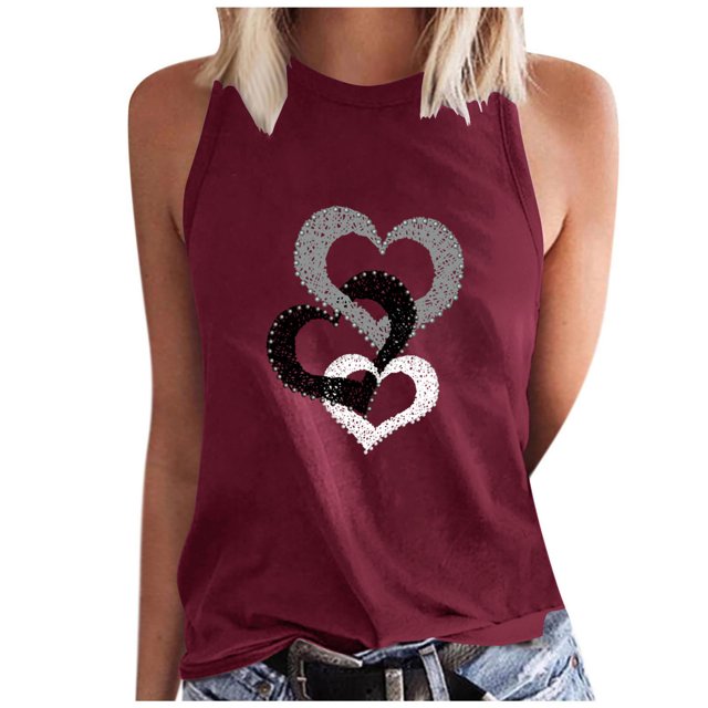 Timegard Camisoles pour Femmes Col Rond Imprimé Cœur Sans Manches Confortables Décontractées Amples Chemises Hauts Blouse