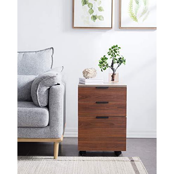 jjs 3 drawer rolling wood file cabinet with locking wheels, home office portable vertical mobile wooden storage filing cabinet for a4 or letter size, brown