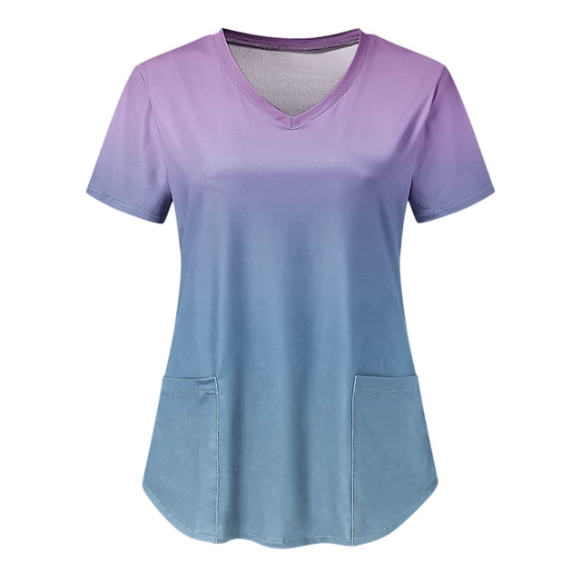 TopLLC Women's Gradient Ombre V-Neck Short Sleeve Scrub Top featuring a purple-to-blue gradient design. This lightweight polyester scrub top has a flattering V-neckline, short sleeves, and two deep front pockets for practicality. Designed for comfort and durability, it is suitable for work or daily wear. Available in multiple sizes.