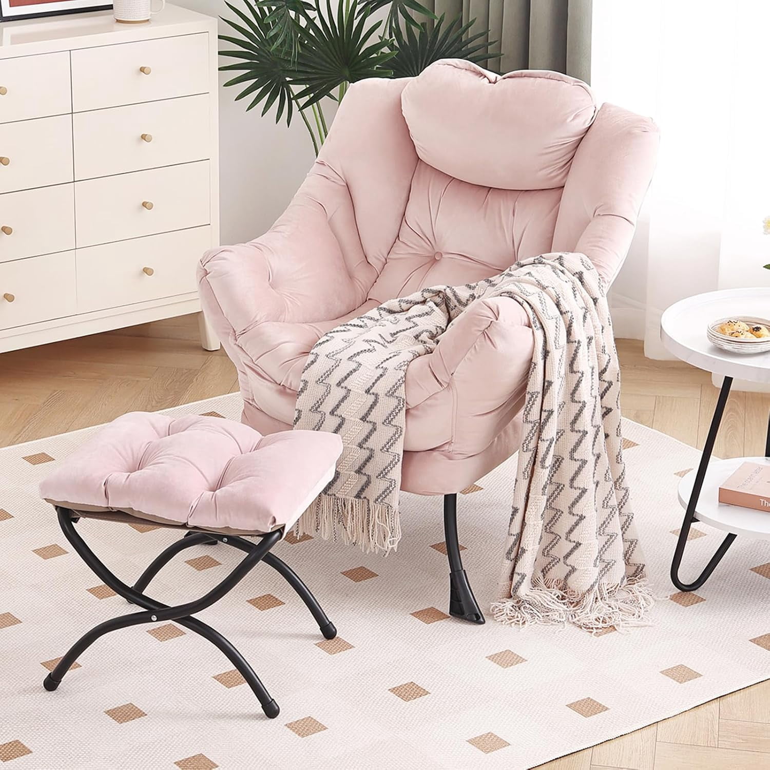 Bingirl Oversized Pink Lounge Chair with Folding Ottoman and Footrest for Reading